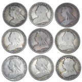 1893 - 1901 Florins Lot (9 Coins) - Victoria British Silver Coins - Date Run