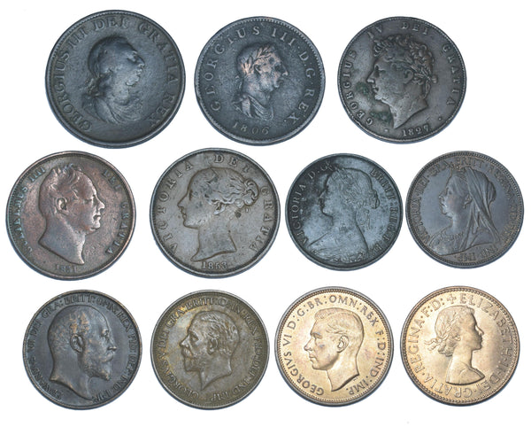 1799 - 1957 Halfpennies Lot (11 Coins) - British Copper & Bronze Main Types