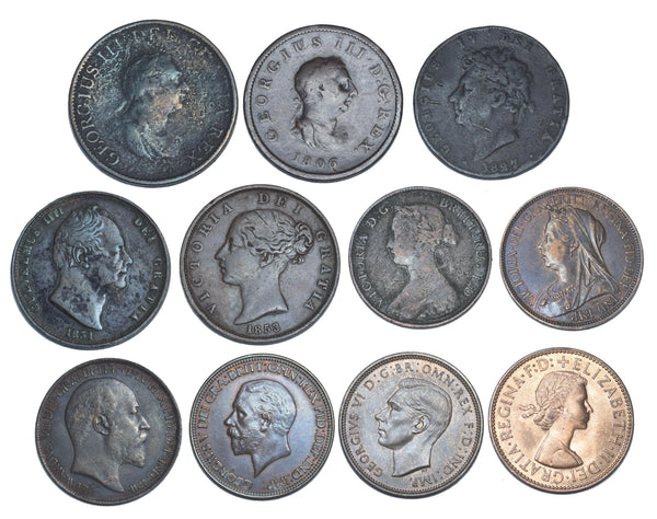 1799 - 1959 Halfpennies Lot (11 Coins) - British Copper & Bronze Main Types