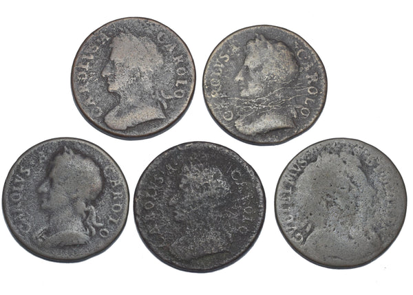 1672 - 1694 Farthings Lot (5 Coins) - British Copper Coins - All Different