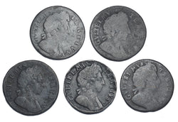 1675 - 1700 Farthings Lot (5 Coins) - William III British Copper Coins