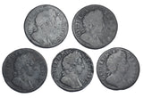 1675 - 1700 Farthings Lot (5 Coins) - William III British Copper Coins