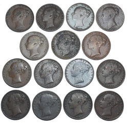 1838 - 1858 Farthings Lot (15 Coins) - Victoria British Copper Coins