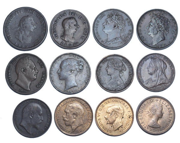 1799 - 1956 Farthings Lot (12 Coins) - British Copper & Bronze Main Types