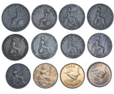 1799 - 1956 Farthings Lot (12 Coins) - British Copper & Bronze Main Types