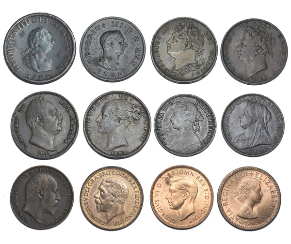 1799 - 1954 Farthings Lot (12 Coins) - British Copper & Bronze Main Types
