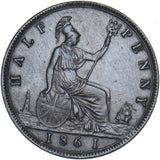 1861 Halfpenny - Victoria British Bronze Coin - Very Nice