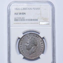 1826 Penny (Thin Line NGC AU58) - George IV British Copper Coin - Very Nice