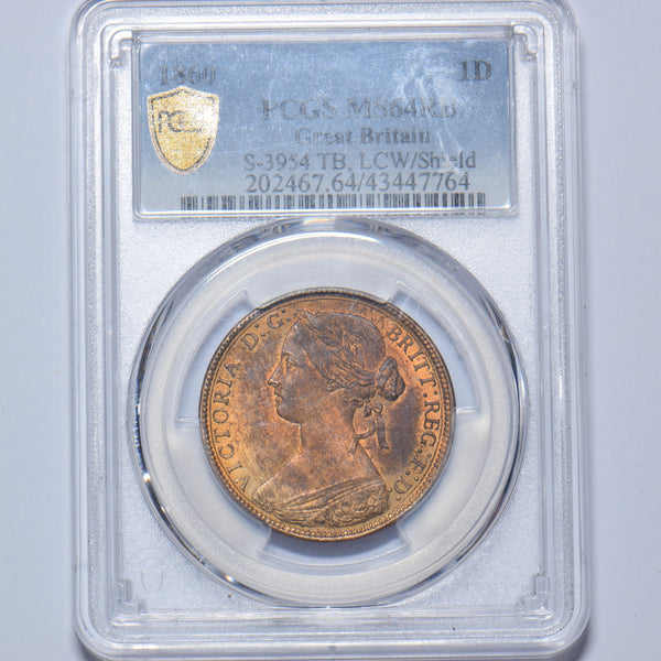 1860 Penny (PCGS MS 64 RB) - Victoria British Bronze Coin - Superb