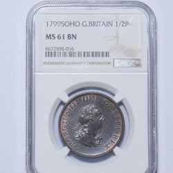 1799 Halfpenny (NGC MS 61 BN) - George III British Copper Coin - Very Nice