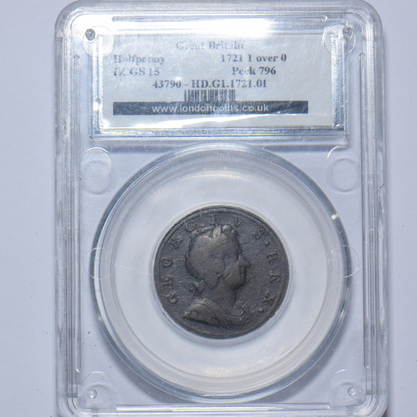 1721 Halfpenny (LCGS 15, 1 Over 0) - George I British Copper Coin