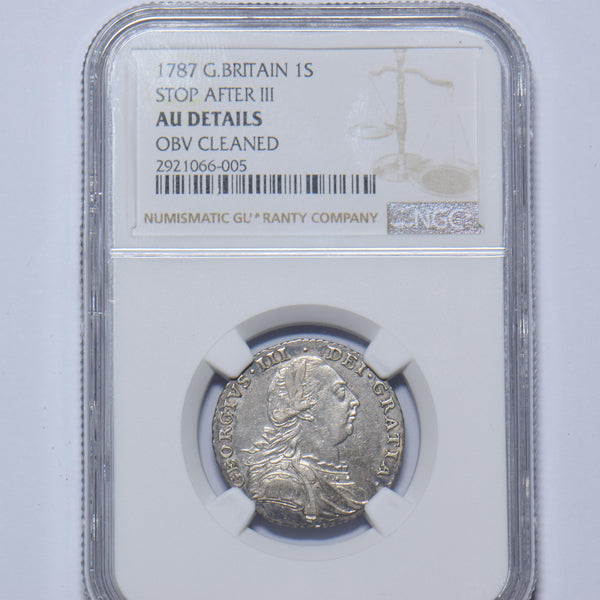1787 Shilling (NGC AU Details, No Stops Date) - George III British Silver Coin