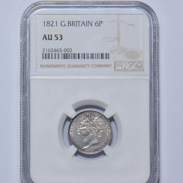 1821 Sixpence (NGC AU 53) - George IV British Silver Coin - Very Nice