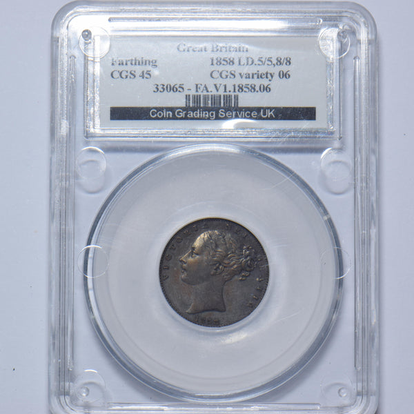 1858 Farthing (CGS 45) - Victoria British Copper Coin - Nice