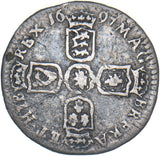 1697 E Sixpence (Exeter Mint) - William III British Silver Coin