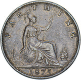 1875 Farthing (No H, Large Date) - Victoria British Bronze Coin - Nice