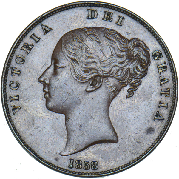 1858 Penny (Large Rose) - Victoria British Copper Coin - Very Nice