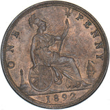 1892 Penny - Victoria British Bronze Coin - Very Nice
