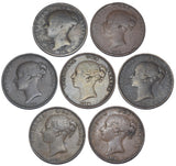 1847 - 1858 Pennies Lot (7 Coins) - Victoria British Copper Coins -All Different