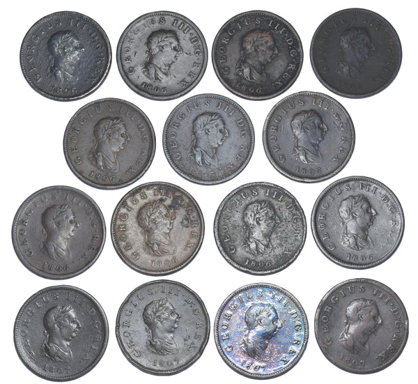 1806 - 1807 Halfpennies Lot (15 Coins) - George III British Copper Coins