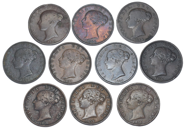 1838 - 1858 Halfpennies Lot (10 Coins) - Victoria British Copper - All Different