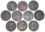 1838 - 1858 Halfpennies Lot (10 Coins) - Victoria British Copper - All Different