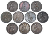 1838 - 1858 Halfpennies Lot (10 Coins) - Victoria British Copper - All Different