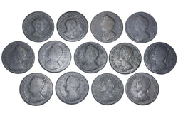 1720 - 1754 Farthings Lot (13 Coins) - British Copper Coins - All Different