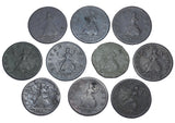 1754 Farthings Lot (10 Coins) - George II British Copper Coins