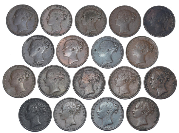 1838 - 1858 Farthings Lot (18 Coins) - Victoria British Copper - All Different