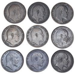 1902 - 1910 Farthings Lot (9 Coins) - Edward VII British Bronze Coins - Date Run