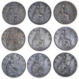 1902 - 1910 Farthings Lot (9 Coins) - Edward VII British Bronze Coins - Date Run