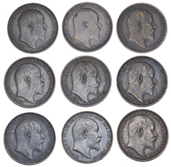1902 - 1910 Farthings Lot (9 Coins) - Edward VII British Bronze Coins - Date Run