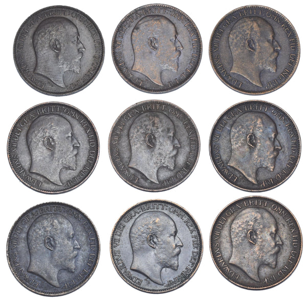1902 - 1910 Farthings Lot (9 Coins) - Edward VII British Bronze Coins - Date Run