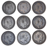 1902 - 1910 Farthings Lot (9 Coins) - Edward VII British Bronze Coins - Date Run