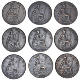 1902 - 1910 Farthings Lot (9 Coins) - Edward VII British Bronze Coins - Date Run