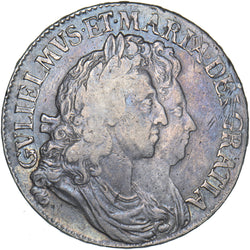1691 Crown (I Over E) - William & Mary British Silver Coin - Nice