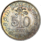 1892 Ceylon (Sri Lanka) 50 Cents - Victoria Silver Coin - Superb
