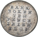 1805 Ireland 10 Pence Bank Token - George III Silver Coin - Nice