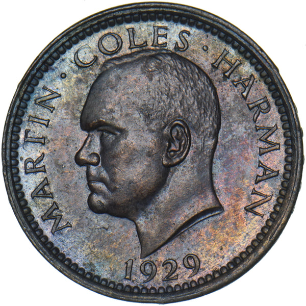 1929 Lundy 1/2 Puffin - Martin Coles Harman Bronze Coin - Very Nice