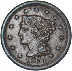 1851 USA Large One Cent (Penny) - Copper Coin - Nice