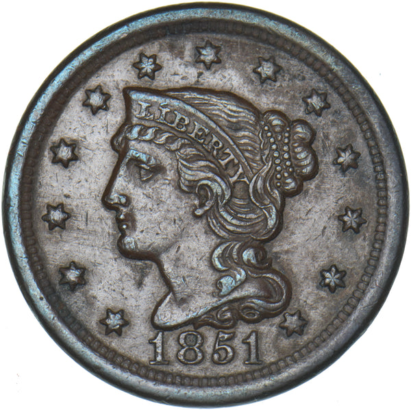 1851 USA Large One Cent (Penny) - Copper Coin - Nice