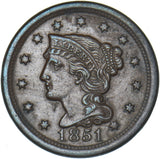 1851 USA Large One Cent (Penny) - Copper Coin - Nice