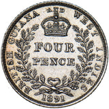 1891 British Guiana West Indies Four Pence - Victoria Silver Coin - Nice