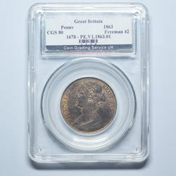 1863 Penny (CGS 80) - Victoria British Bronze Coin - Superb