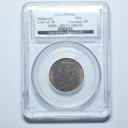 1862 Halfpenny (CGS AU 78) - Victoria British Bronze Coin - Superb