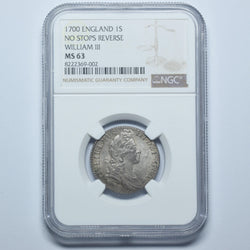 1700 Shilling (No Stops Rv. NGC MS63) - William III British Silver Coin - Superb