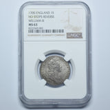 1700 Shilling (No Stops Rv. NGC MS63) - William III British Silver Coin - Superb