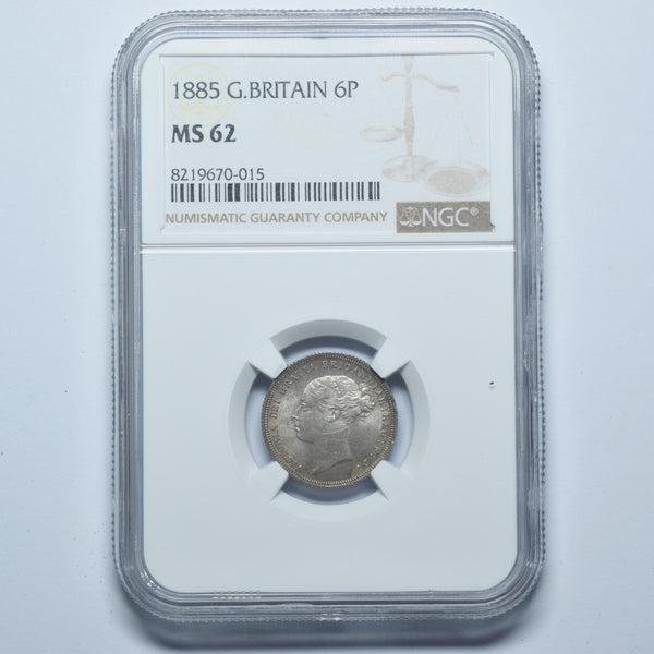 1885 Sixpence (NGC MS 62) - Victoria British Silver Coin - Superb