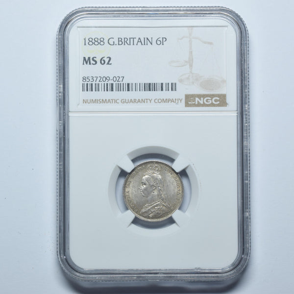 1888 Sixpence (NGC MS 62) - Victoria British Silver Coin - Superb